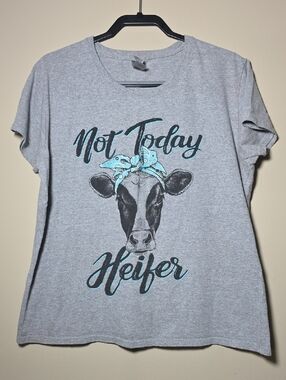 Gildan Light Gray Women's Tee with Teal Graphic - Not Today Heifer